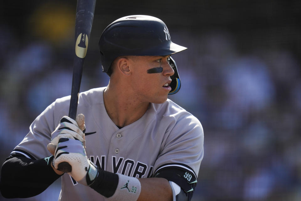 New York Yankees' Aaron Judge (99) waits for a pitch during the third inning of a baseball game against the New York Yankees in Los Angeles, Saturday, June 3, 2023. (AP Photo/Ashley Landis)