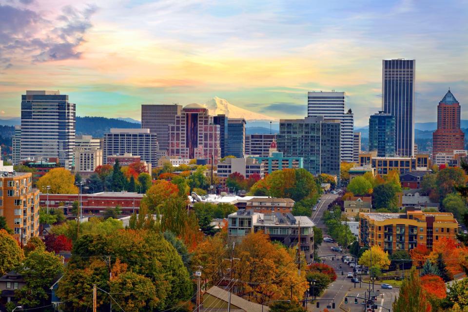 Aerial view of downtown Portland in the fall.