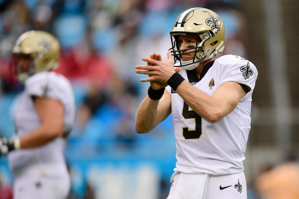 CHARLOTTE, NORTH CAROLINA - DECEMBER 29: Drew Brees #9 of the New Orleans Saints reacts after a play during the second quarter during their game against the Carolina Panthers at Bank of America Stadium on December 29, 2019 in Charlotte, North Carolina. (Photo by Jacob Kupferman/Getty Images)