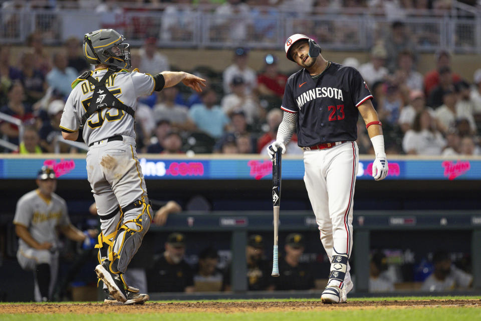 Minnesota Twins' Royce Lewis (23) looks on after striking out against Pittsburgh Pirates relief pitcher Thomas Hatch (not shown) in the eighth inning of a baseball game Saturday, Aug. 19, 2023, in Minneapolis. (AP Photo/Bailey Hillesheim)