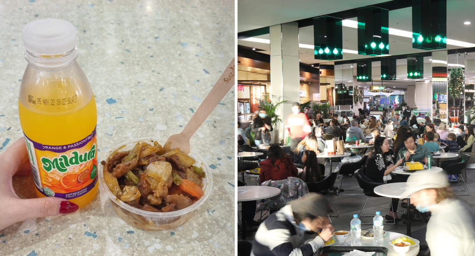 One photo of a small Mildura orange and passionfruit juice, and a small container of Mongolian lamb with vegetables and rice noodles. Then a second photo of a busy food court.
