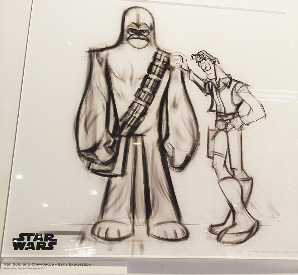 Sketch of iconic 'Star Wars’ characters shows how the game designers exaggerate features to make the game figures appear more cartoonish than their movie selves while still being instangly recognizable.