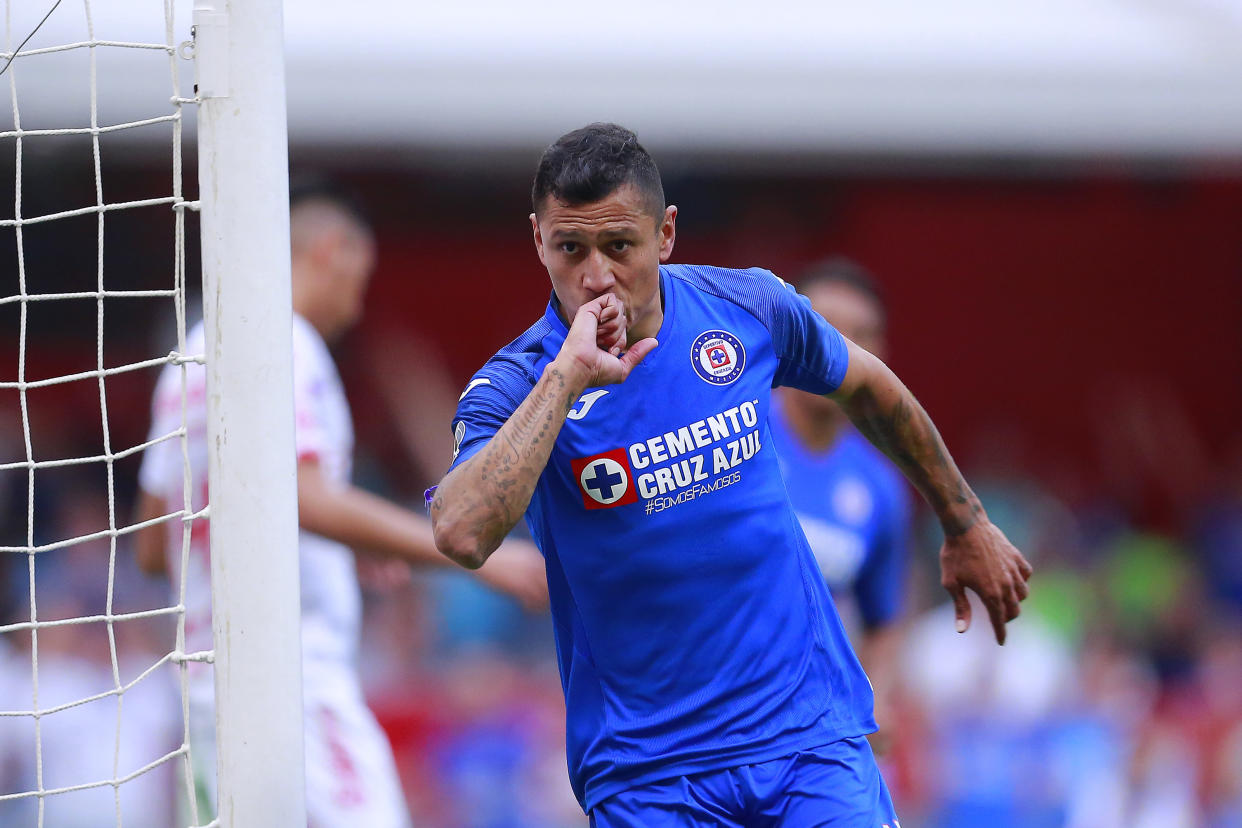 MEXICO CITY, MEXICO - MARCH 07: Julio Cesar Dominguez of Cruz Azul celebrates after scoring the fourth goal of his team during the 9th round match between Cruz Azul and Tijuana as part of the Torneo Clausura 2020 Liga MX at Azteca Stadium on March 7, 2020 in Mexico City, Mexico. (Photo by Mauricio Salas/Jam Media/Getty Images)