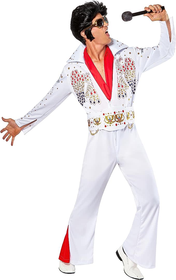 model wearing white jumpsuit with eagle pattern