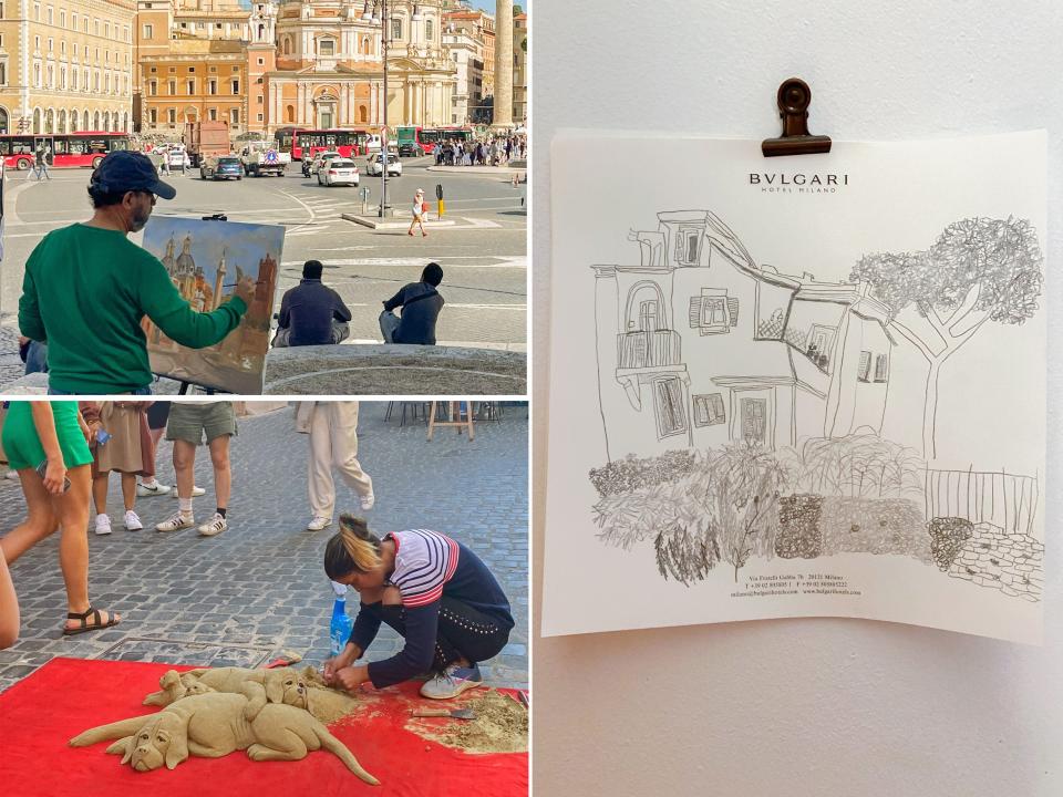Artists on the streets of Rome (L) and the author's sketch (R).