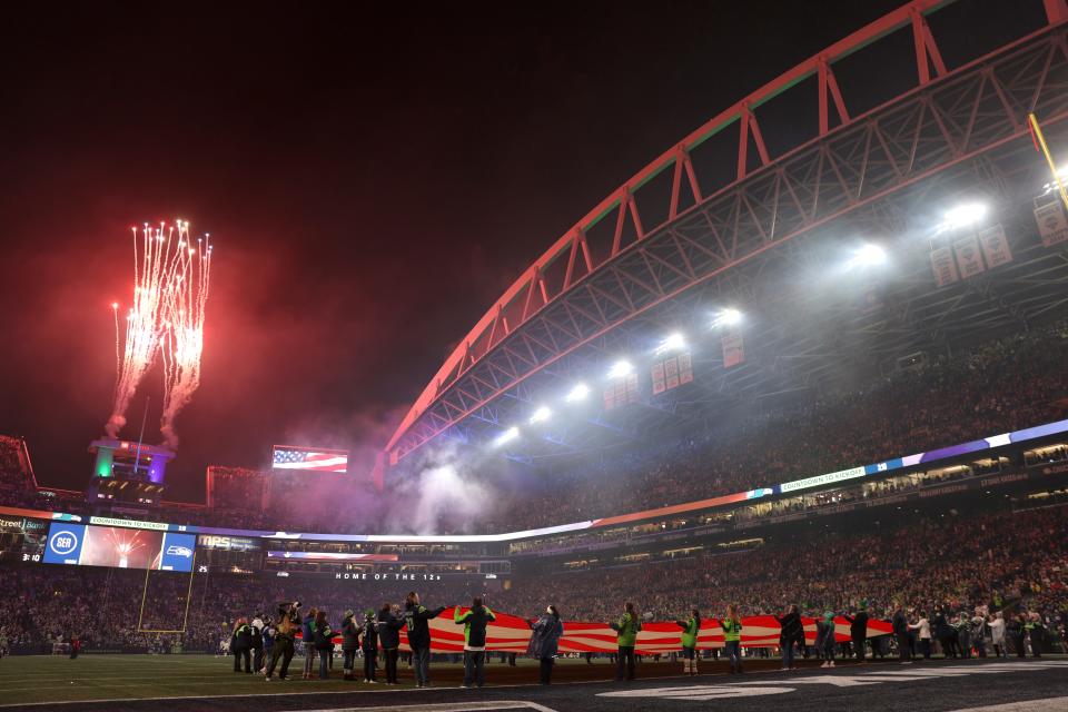 A view of the pre game ceremony at Lumen Field on December 18, 2023 in Seattle, Washington.