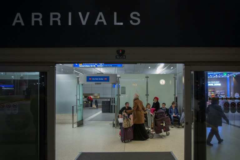 Yemenis who were among those stranded in Djibouti when President Trump ordered his travel ban, arrive to Los Angeles International Airport on February 8, 2017 in Los Angeles, California