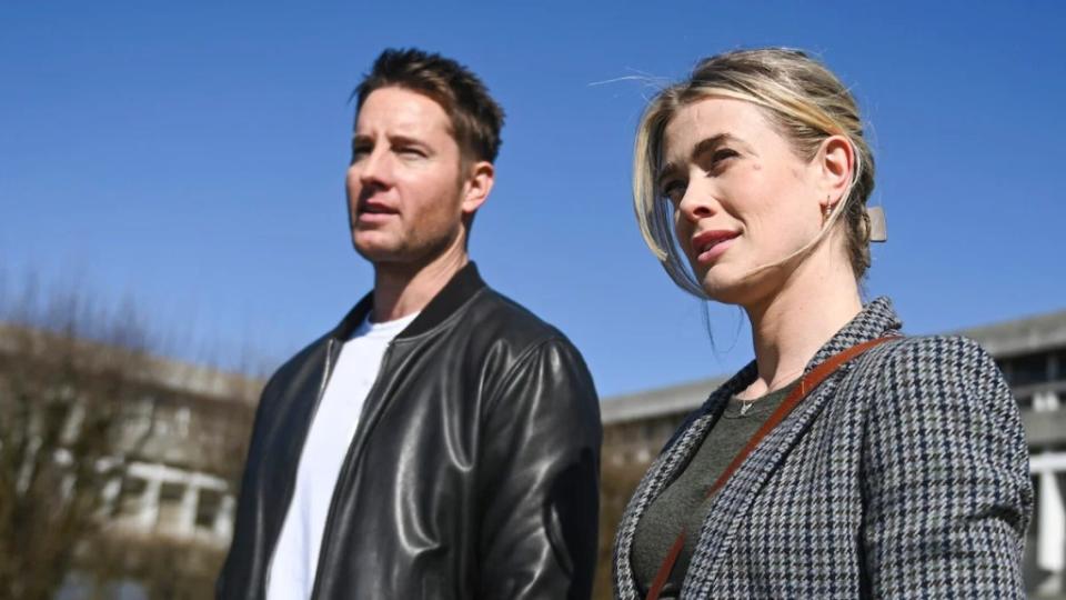 Justin Hartley and Melissa Roxburgh on "Tracker"