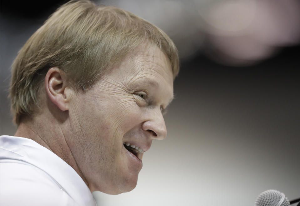 Oakland Raiders head coach Jon Gruden speaks during a press conference at the NFL scouting combine. (AP)