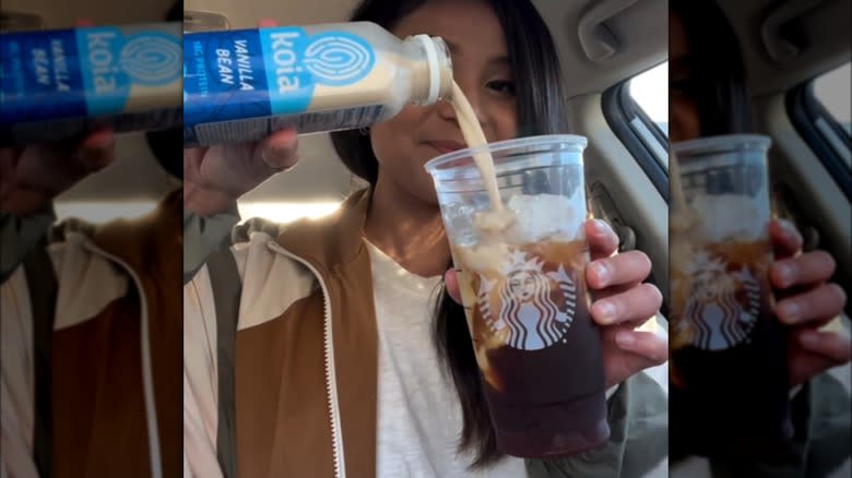 Woman pouring Koia Vanilla Bean protein drink into a Starbucks iced coffee