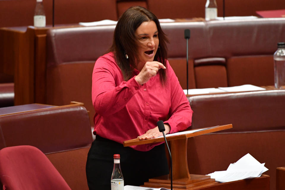 Senator Jacqui Lambie speaks against One Nation leader Senator Pauline Hanson's vaccine discrimination bill in the Senate chamber at Parliament House in Canberra. Source: AAP