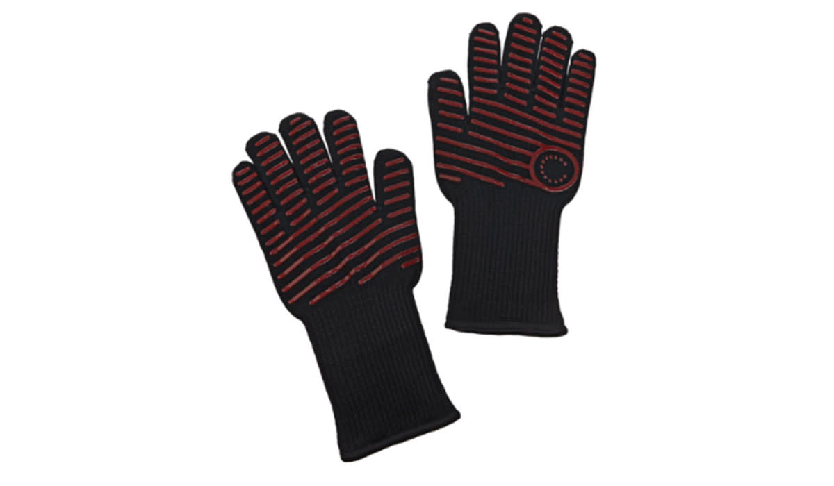 Black gloves with red stripes across palm