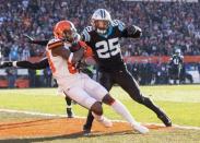 Dec 9, 2018; Cleveland, OH, USA; Cleveland Browns wide receiver Jarvis Landry (80) makes a touchdown catch against Carolina Panthers strong safety Eric Reid (25) during the second quarter at FirstEnergy Stadium. Scott R. Galvin-USA TODAY Sports