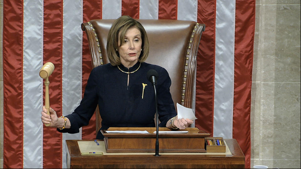 House Speaker Nancy Pelosi, announces the passage of the second article of impeachment, obstruction of Congress, against President Donald Trump. Source: AP