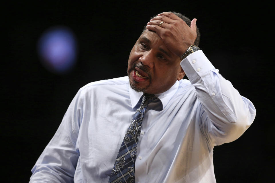 Providence head coach Ed Cooley reacts during the second half of an NCAA college basketball game against Florida at Barclays Center, Tuesday, Dec. 17, 2019, in New York. Florida won, 83-51. (AP Photo/Michael Owens)