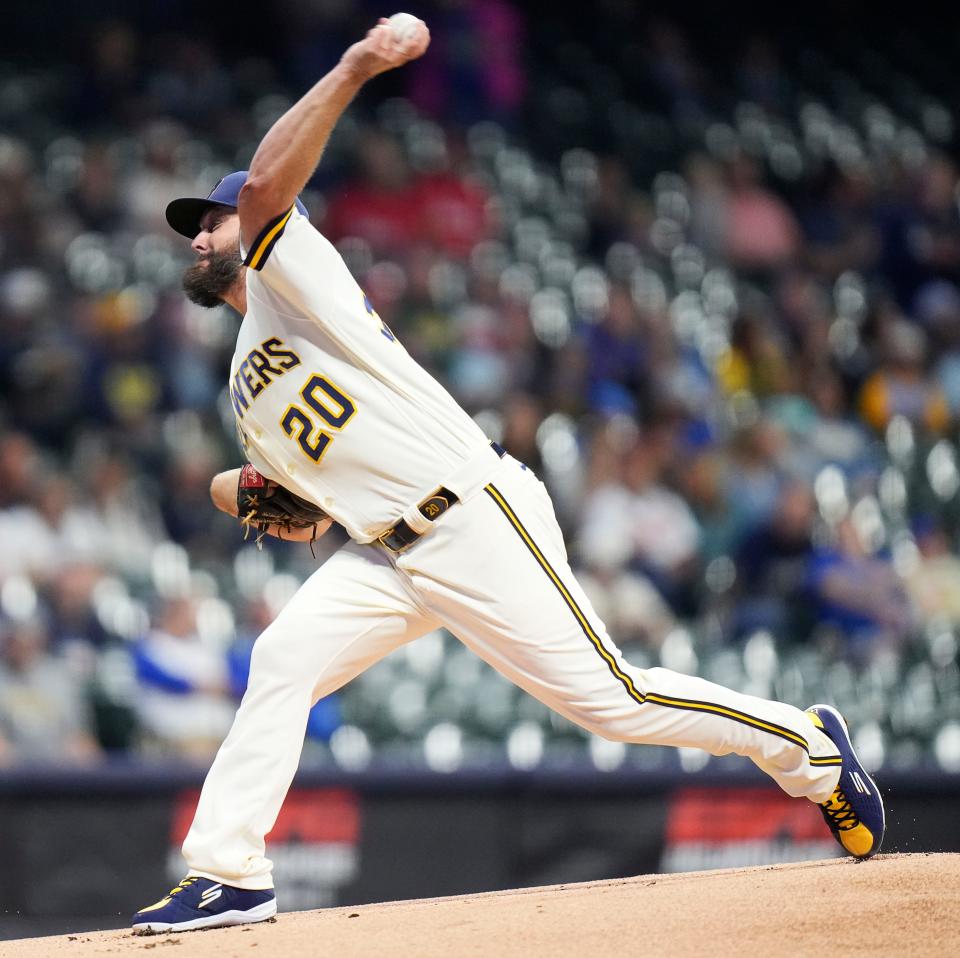 Milwaukee Brewers starting pitcher Wade Miley (20) pitches during the first inning of the game against the St. Louis Cardinals on Wednesday September 27, 2023 at American Family Field in Milwaukee, Wis.