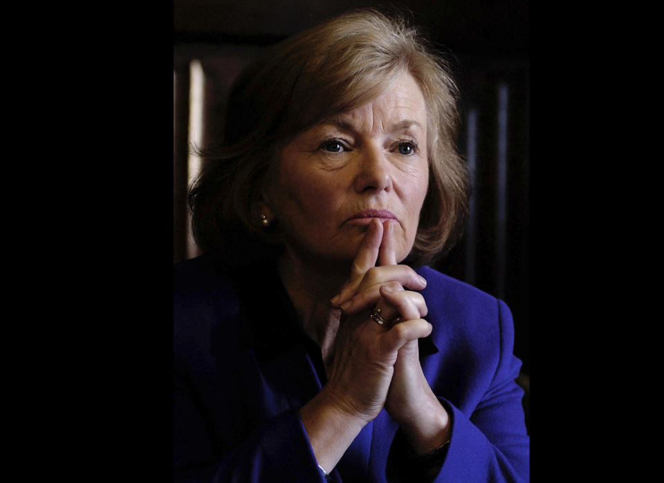 FILE - Glenys Kinnock MEP attends a press conference to launch a pamphlet called Zimbabwe on the Brink, in London, Feb. 18, 2003. Glenys Kinnock, a former British cabinet minister, member of the European Parliament and wife of former Labour leader Neil Kinnock, has died. Her family says Kinnock, 79, died Sunday, Dec. 3, 2023 at her London home some six years after being diagnosed with Alzheimer’s. She was remembered as being an outspoken leader who advocated for reducing poverty and starvation. (Kirsty Wigglesworth/ PA via AP, File)