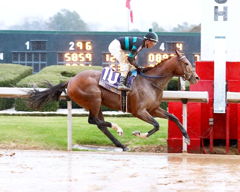 Mystik Dan and jockey Brian Hernandez Jr. win the Grade 3 Southwest on Feb. 3 at Oaklawn Park.