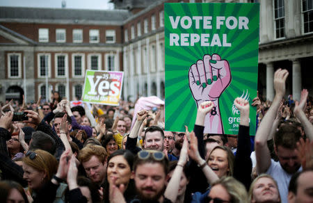 People celebrate the result of yesterday's referendum on liberalizing abortion law, in Dublin, Ireland, May 26, 2018. REUTERS/Max Rossi