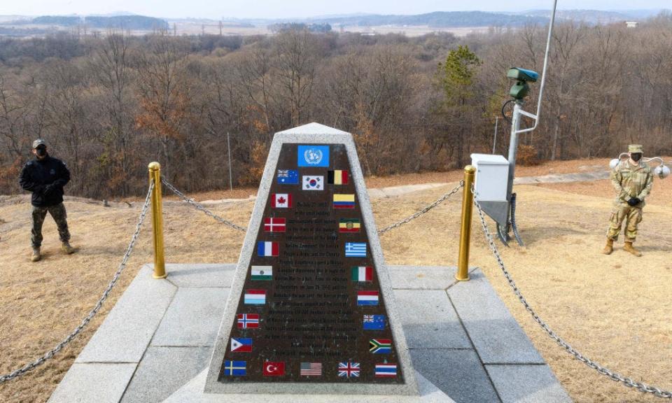 A monument installed at a South Korean checkpoint during a media tour of the truce village of Panmunjom in the Joint Security Area (JSA) of the Demilitarized Zone (DMZ) separating North and South Korea