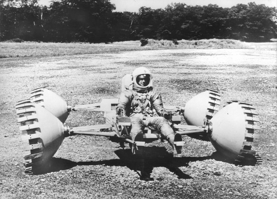 One of a collection of photographs relating to the development of the Lunar Rover, including photos of early prototypes, engineering mock-ups, and astronauts in training.