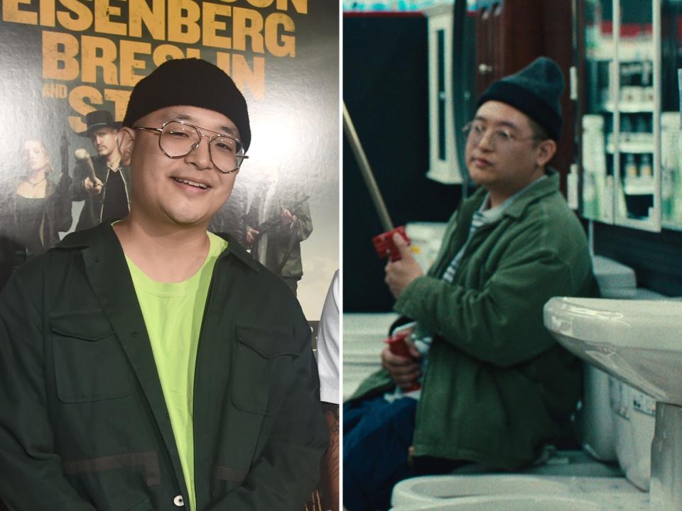 left: rekstizzy standing in front of a sign, smiling and wearing a black beanie and green shirt: right: rekstizzy as bobby in beef, examining a hardware store object while also wearing a beanie