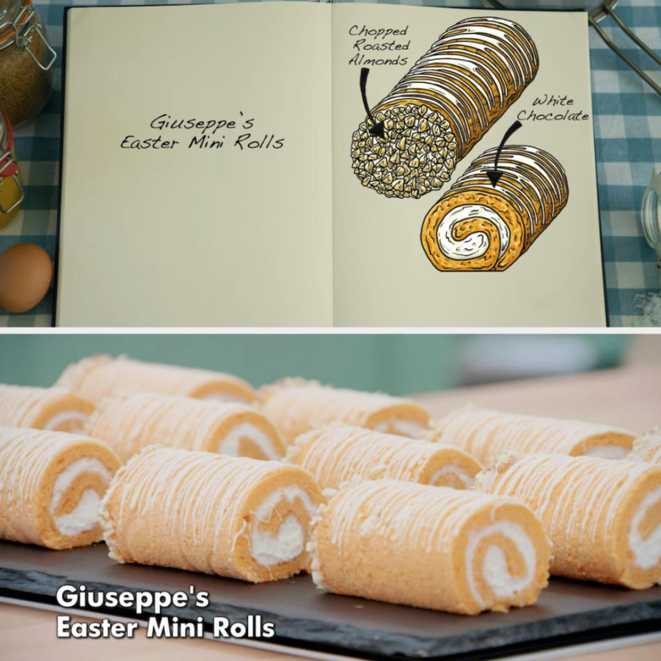 Giuseppe's mini rolls decorated with chopped roasted almonds and white chocolate side by side with their drawing