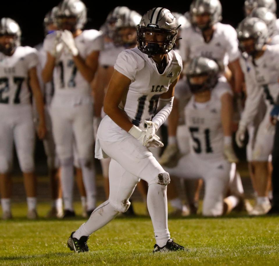 Central Catholic Knights wide receiver Robert Koch (19) lines up for a snap during the IHSAA football game against the Benton Central Bison, Friday, Oct. 7, 2022, at Mallory Field in Oxford, Ind. 