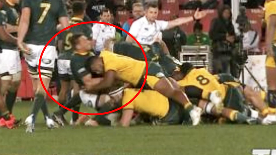Taniela Tupou got a yellow card for this tackle against South Africa. Image: Fox Sports