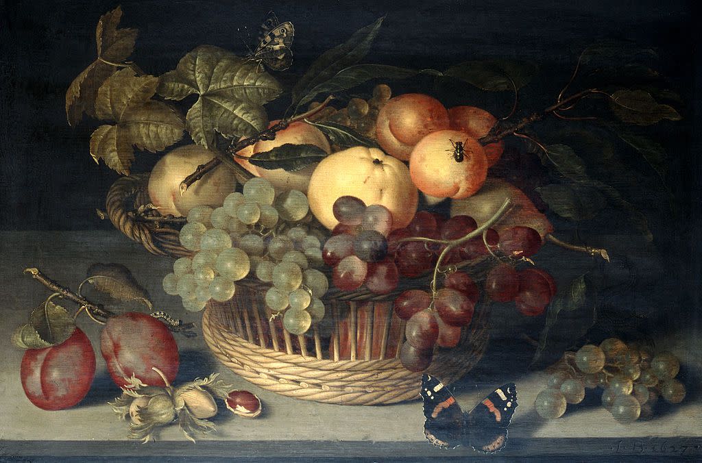 'Basket of Fruit and Admiral Butterfly on Stone Table', 1610