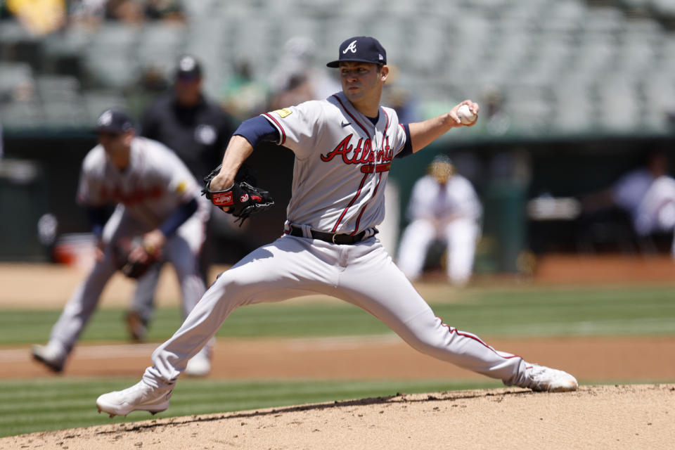 Atlanta Braves pitcher Jared Shuster (45) throws against the Oakland Athletics during the first inning of a baseball game in Oakland, Calif., Thursday, May 31, 2023. (AP Photo/Jed Jacobsohn)