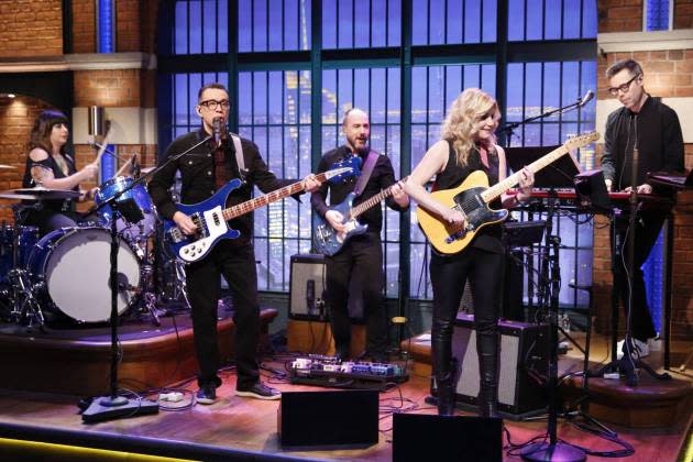 Janet Weiss of Sleater Kinney with Fred Armisen, Seth Jabour, Marnie Stern, and Eli Janney of the 8G Band in 2016. - Credit: Lloyd Bishop/NBCUniversal via Getty Images 