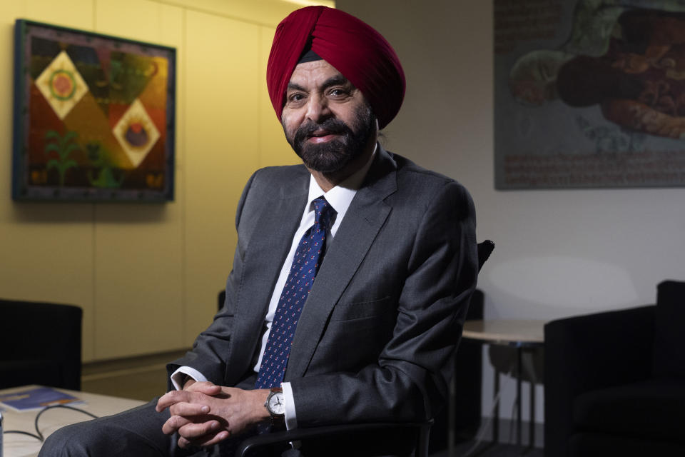 World Bank President Ajay Banga poses for a portrait after an interview with The Associated Press, Tuesday, April 16, 2024, at the World Bank in Washington. (AP Photo/Jacquelyn Martin)