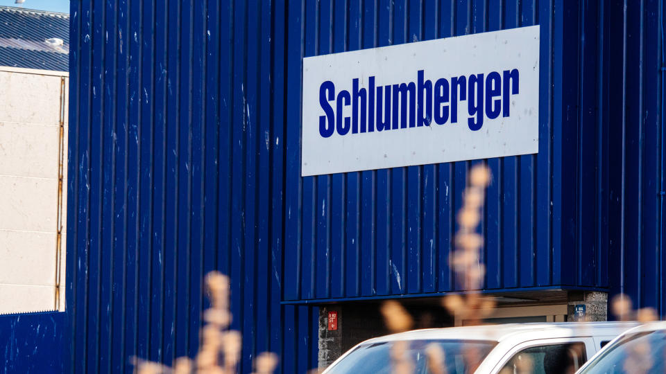 IJmuiden Santpoort Zuid, Netherlands: Schlumberger logotype on the facade of the local headquarter representation near petroleum port.