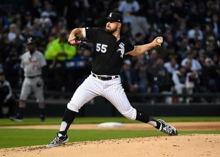 FILE PHOTO: Apr 26, 2019; Chicago, IL, USA; Chicago White Sox starting pitcher Carlos Rodon (55) throws a pitch against the Detroit Tigers during the second inning at Guaranteed Rate Field. Mandatory Credit: Mike DiNovo-USA TODAY Sports