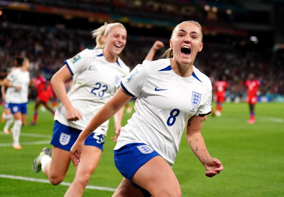 England's Georgia Stanway celebrates scoring their side's first goal of the game during the FIFA Women's World Cup 2023, Group D match at Brisbane Stadium, Brisbane. Picture date: Saturday July 22, 2023.