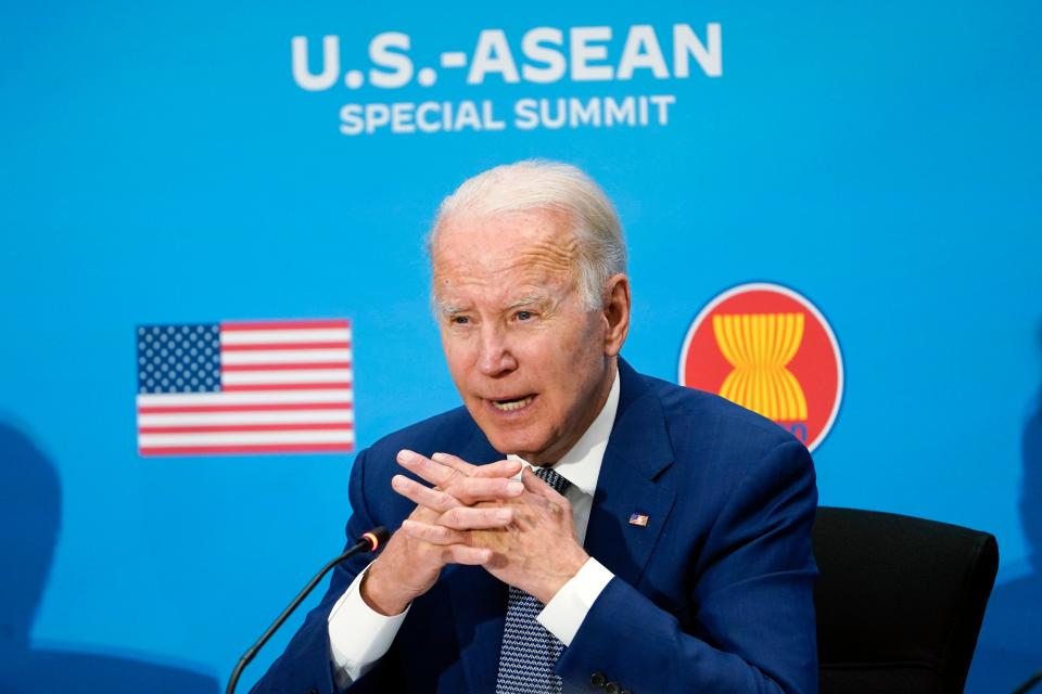 President Joe Biden participates in the U.S.-ASEAN Special Summit to commemorate 45 years of U.S.-ASEAN relations at the State Department in Washington, Friday, May 13, 2022.