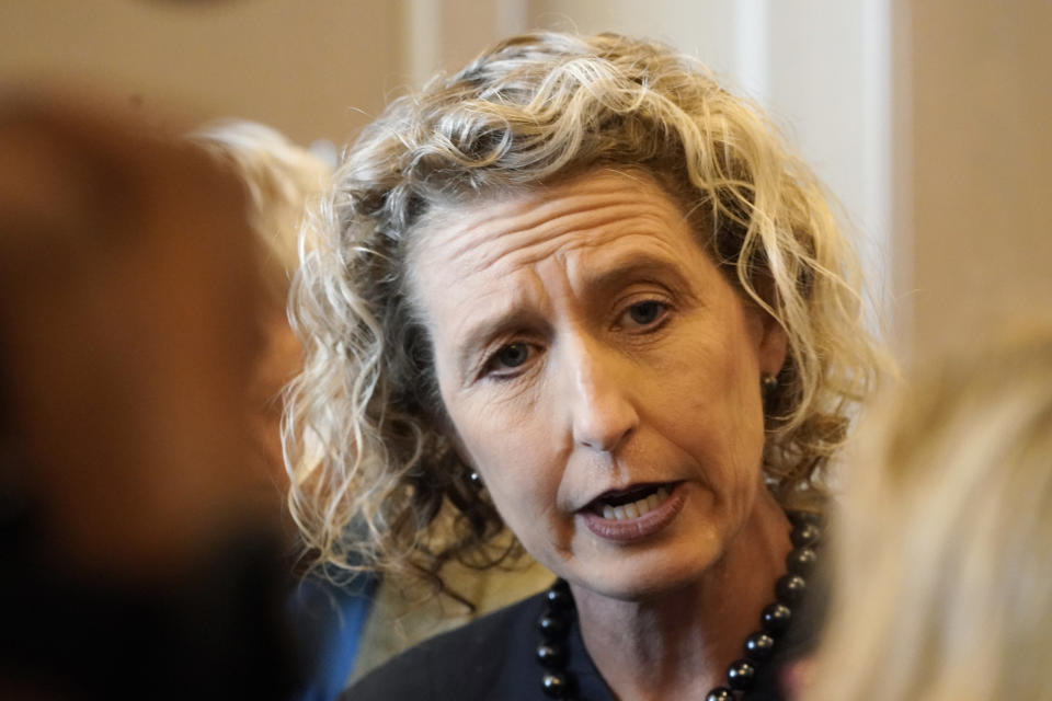 Virginia State Sen. Jen Kiggans, R-Virginia Beach, speak to the media after a debate with US rep. Elaine Luria, D-7th, sponsored by the Hampton roads Chamber of Congress Wednesday, Oct. 12, 2022, in Virginia Beach. Va. (AP Photo/Steve Helber)