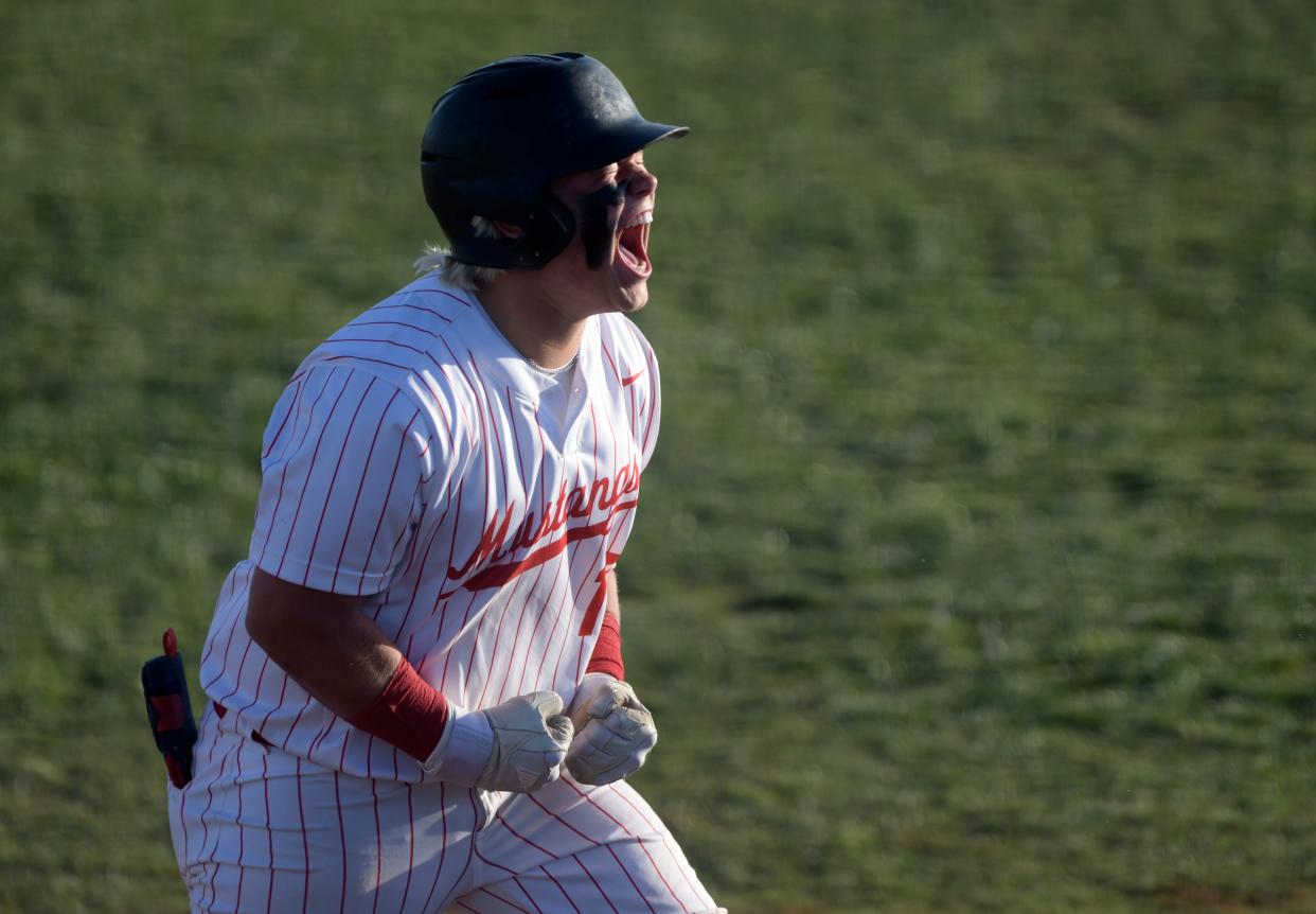 Shallowater's Gerrit Boschma celebrates his home run against Idalou in a District 2-3A baseball game, Tuesday, April 23, 2024, at Garland Field in Shallowater.