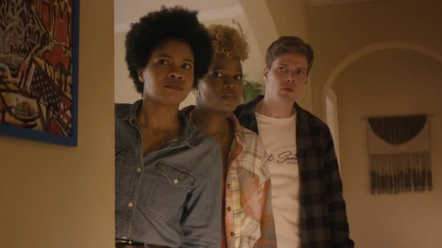Co-stars (from left) Sinclair Daniel, Brittany Adebumola and Hunter Parrish share a scene in “The Other Black Girl,” a 10-episode series. (Photo: Hulu)