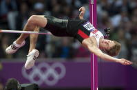 Canada's Derek Drouin, from Corunna, Ont., clears 2.26 metres in the men's high jump qualifications at the 2012 Summer Olympics in London, Sunday, August 5, 2012. THE CANADIAN PRESS/Ryan Remiorz