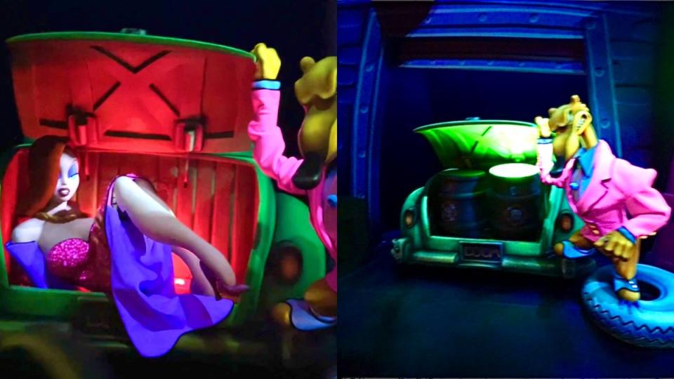 Jessica Rabbit no loner appears trapped in a car at the start of the ride. (Disney)