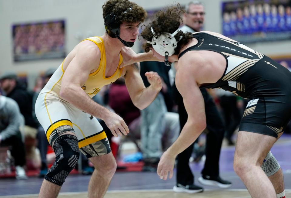 Ryan Burton, of St. Joseph Regional, is shown during his victorious 175 pounds match against Eddie Terreri, of Paramus Catholic, in Garfield, Sunday, January 21, 2024.