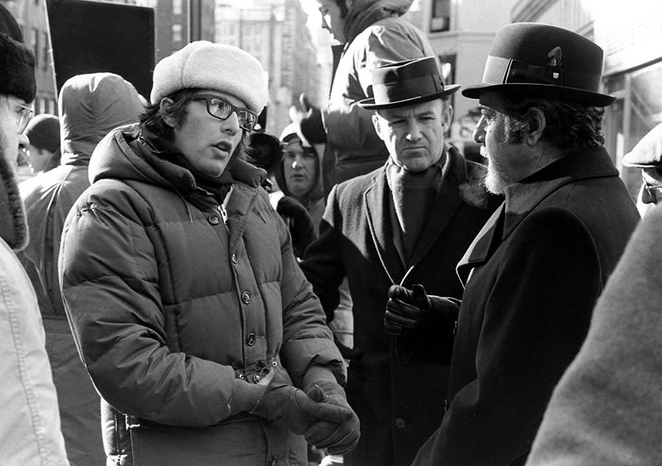 From left: William Friedkin with actors Gene Hackman and Fernando Rey on The French Connection.