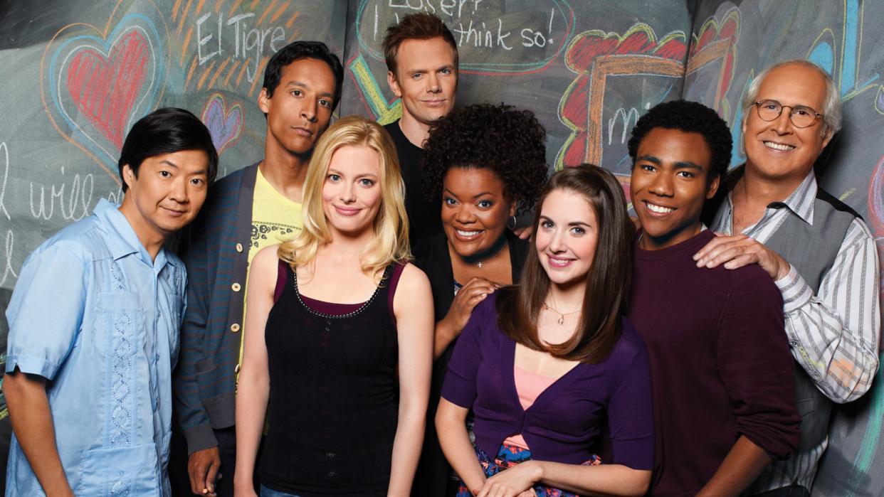 The cast from left to right: Ken Jeong, Danny Pudi, Gillian Jacobs, Joe McHale, Yvette Nicole Brown, Alison Brie, Donald Glover, Chevy Chase: Channel 4