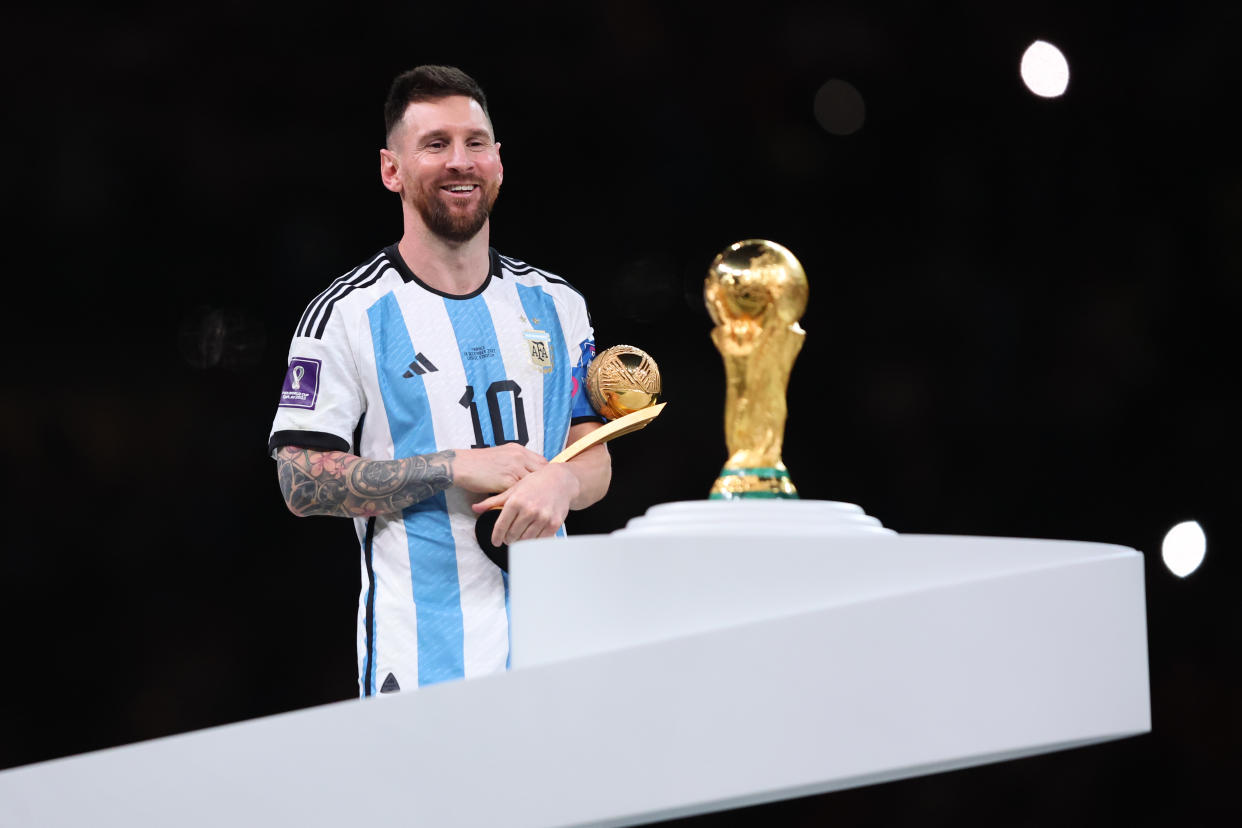 The lot of match-worn jerseys are from six of the seven games during Argentina's run to the 2022 World Cup title. (Photo by Marc Atkins/Getty Images)