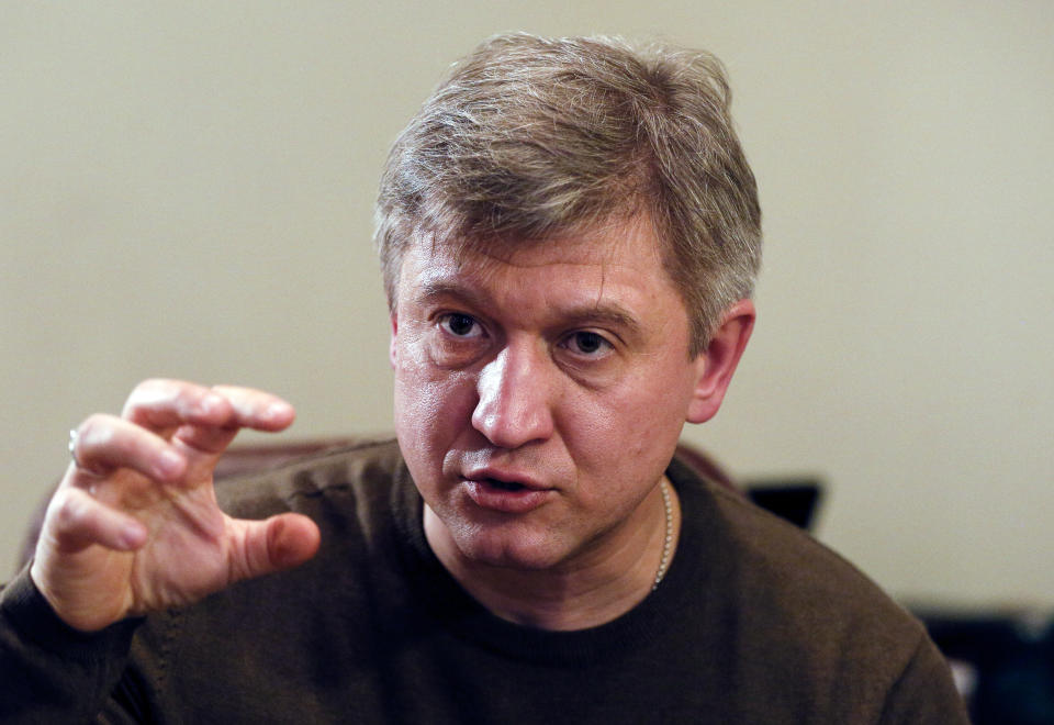 Oleksandr Danyliuk, former Ukrainian Minister of Finance and advisor to presidential candidate Volodymyr Zelenskiy, talks during an interview with The Associated Press in Kiev, Ukraine, Wednesday, April 3, 2019. The thriving campaign of comedian Volodymyr Zelenskiy to be Ukraine’s president may seem improbable, but his campaign adviser says the country has reached the point where it needs reforms from seemingly unlikely sources. Oleksandr Danylyuk spoke to The Associated Press on Wednesday, three days after the election first round in which Zelenskiy easily outpaced incumbent Petro Poroshenko. (AP Photo Efrem Lukatsky)