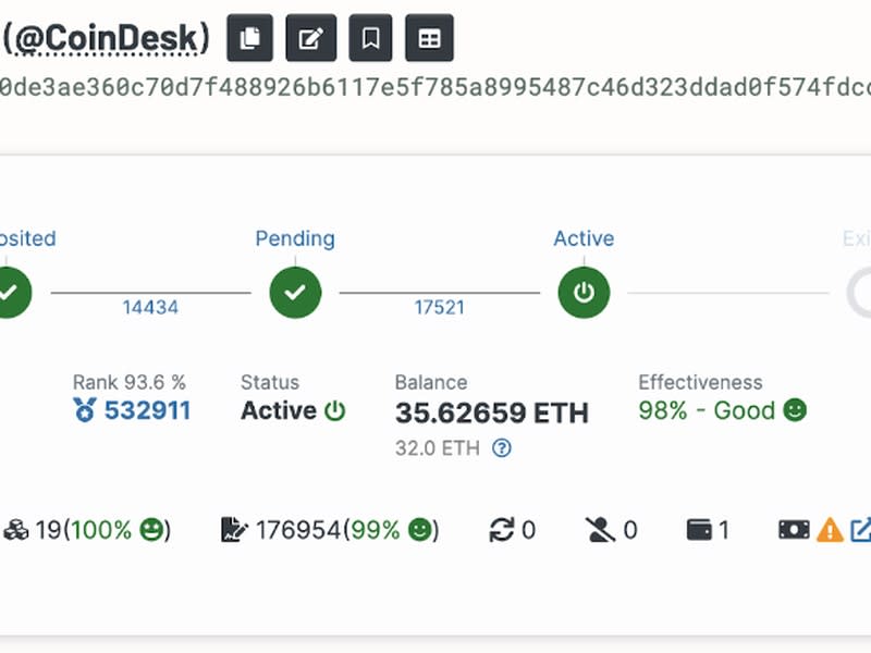 CoinDesk validator lifetime statistics (Beaconcha.in)