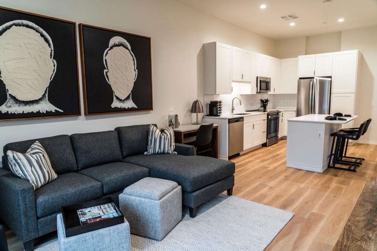 The living and dining space in a one-bedroom apartment in the newly completed Perennial Corktown upscale housing development in Corktown on Thursday, Jan. 11, 2024.
