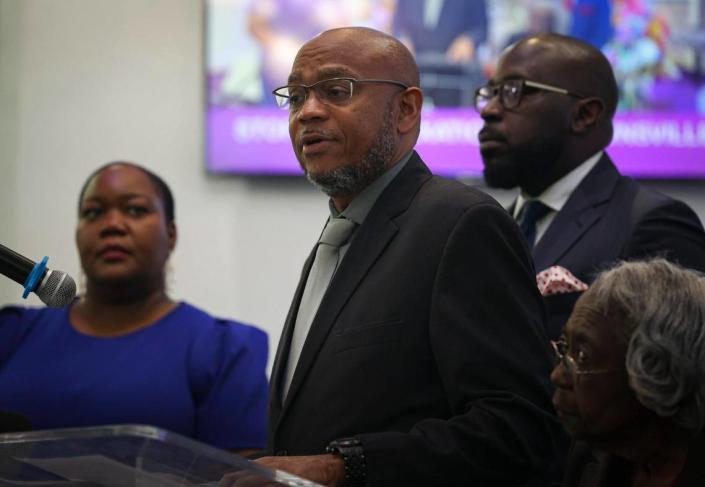 Kenneth Kilpatrick, president of the Brownsville Civic Neighborhood Association, speaks during a press conference to inform the public about Hialeah&#x002019;s plan to incorporate the Brownsville industrial zone on Monday, April 24, 2023 at Brownsville Church of Christ. The area includes industrial warehouses and also houses and the church.